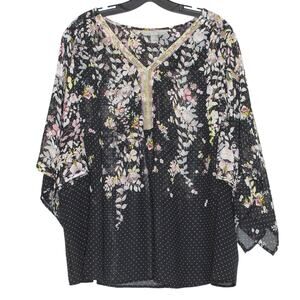 Top Peasant Floral Boho Cottagecore Sheer Lightweight Flowy Black Plus Size 2X